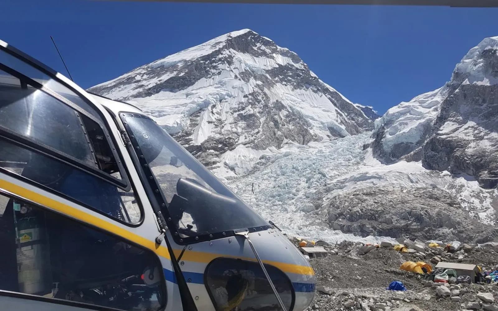 Helicopter landing in Everest base camp