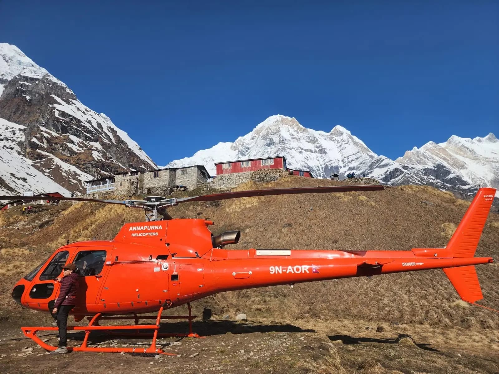 Closeup Picture of Red Helicopter in Annapurna Region and Muktinath
