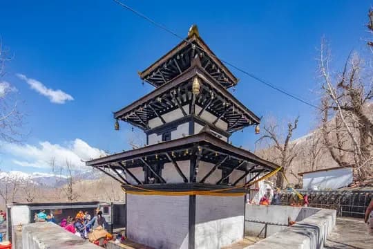 Clear View of Muktinath temple and pilgrims doing darshan 