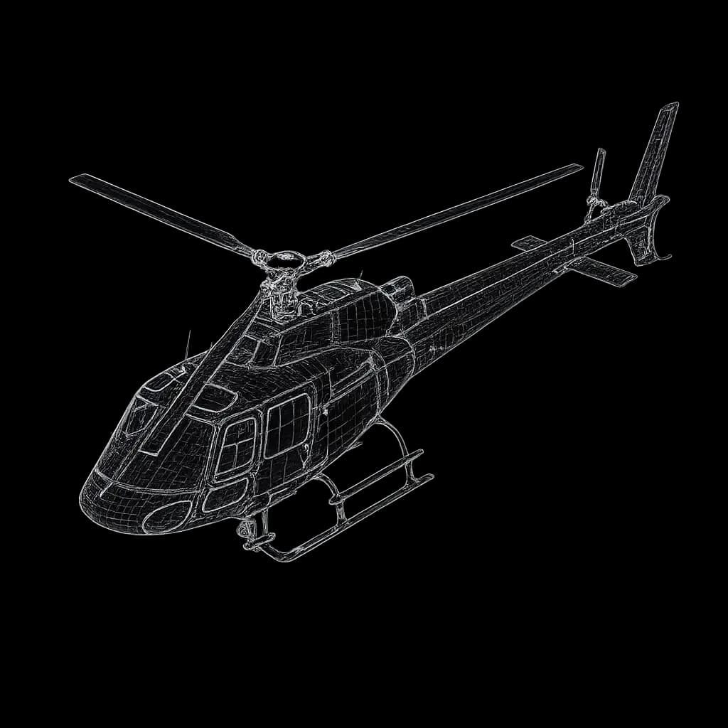 3D wireframe illustration of an Airbus AS350 B3 AStar helicopter on high-skid landing gear showing airframe geometry.
