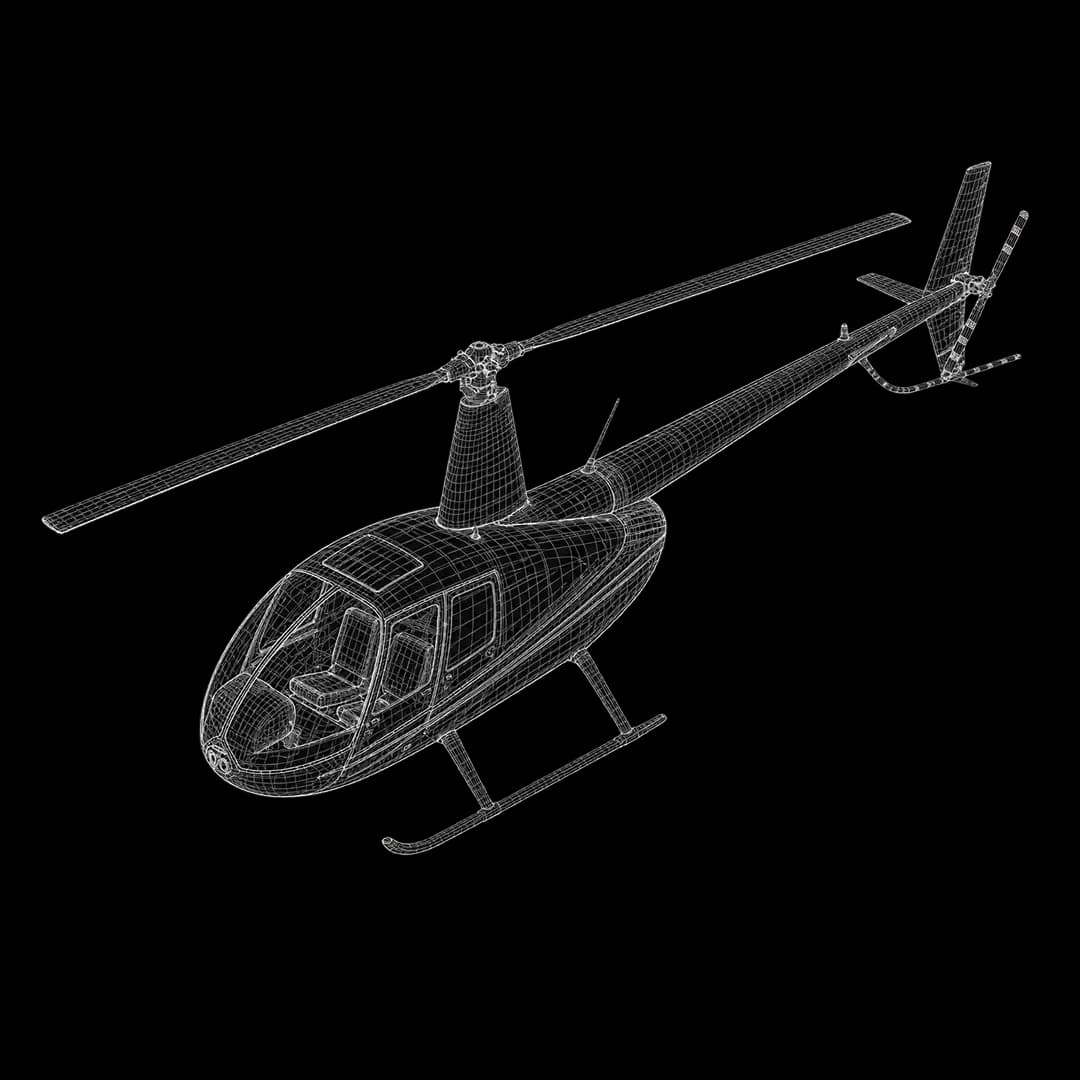 3D wireframe diagram of an Airbus H125 AS350 B3e helicopter featuring a front skid cargo mirror for high-altitude sling operations.