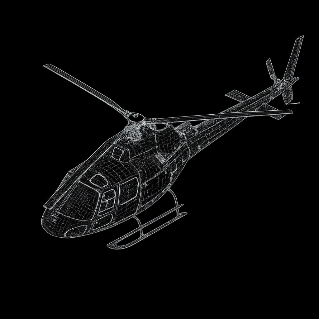 Wireframe model of an Airbus H125 Ecureuil helicopter with low-skid gear highlighting cabin glazing and rotor head construction.